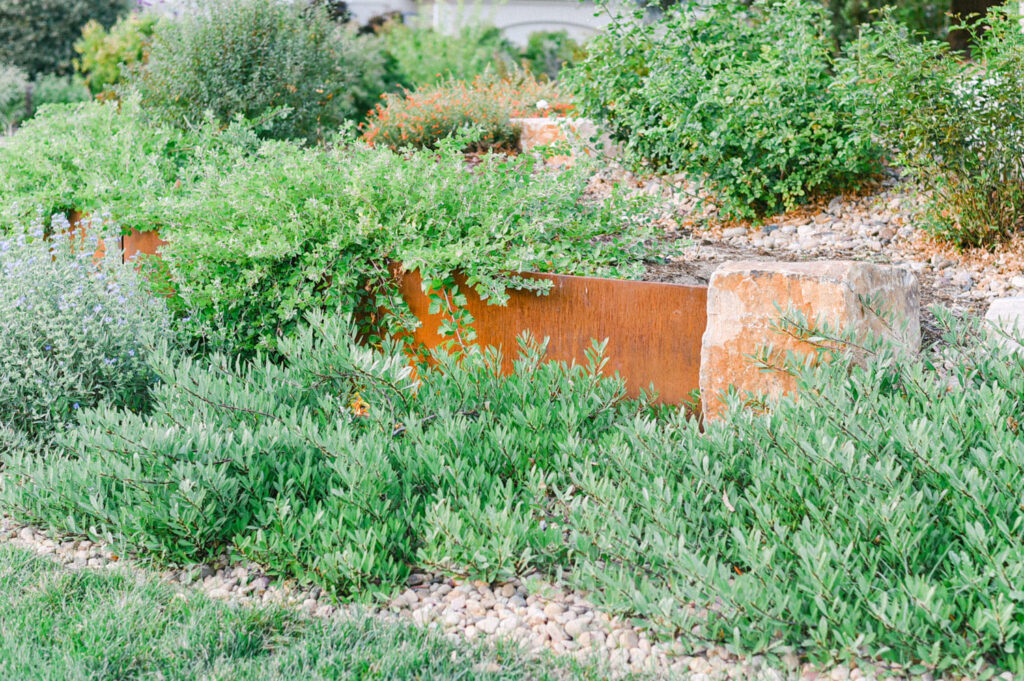 copper rock wall with plants and rocks